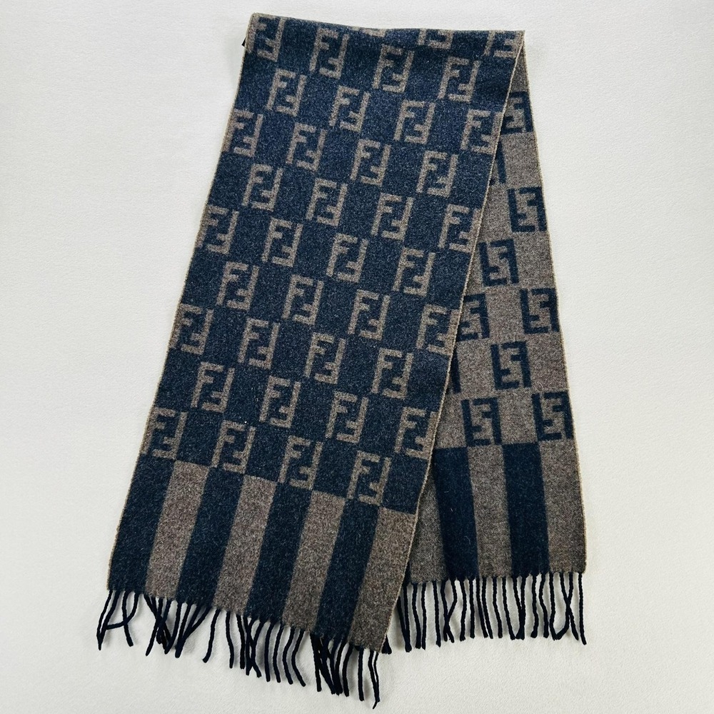 Fendi Scarf Mens One Size Blue Gray FF Logo Geometric Wool Fringe Made In Italy